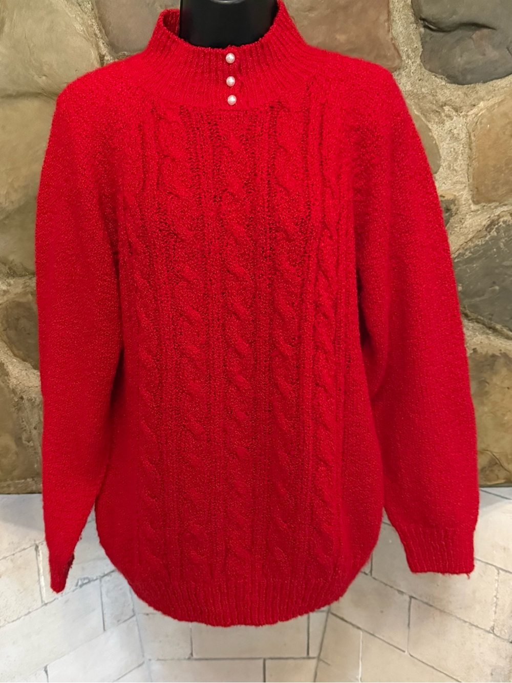VTG Jennifer Moore Red Cable Knit Pearl Button Turtle Neck Sweater Sz L
